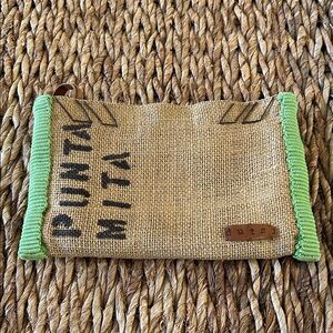 Beige Burlap and Green Clutch with Text Design